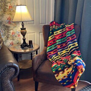 Vintage retro Style Multi Dark Hand-Woven crochet acrylic Blanket Size 76 X 64